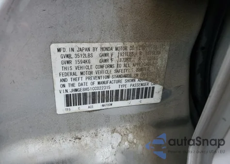 2012 Honda Fit Sport из США, поврежденный, VIN JHMGE8H51CC022315